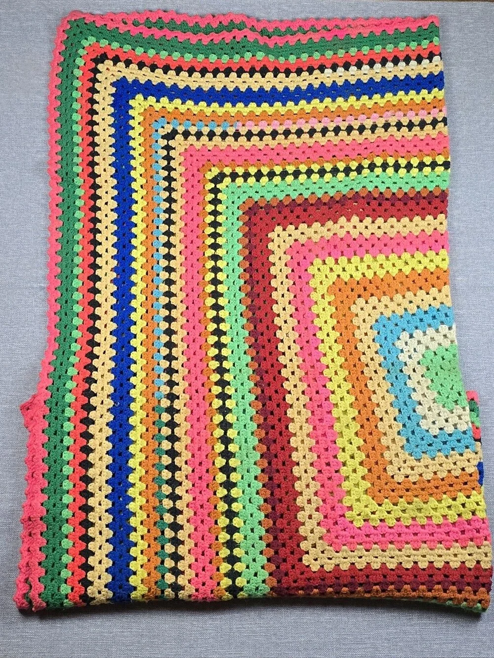 Vintage Crochet Afghan Blanket/Throw Vibrant Colors 72×68